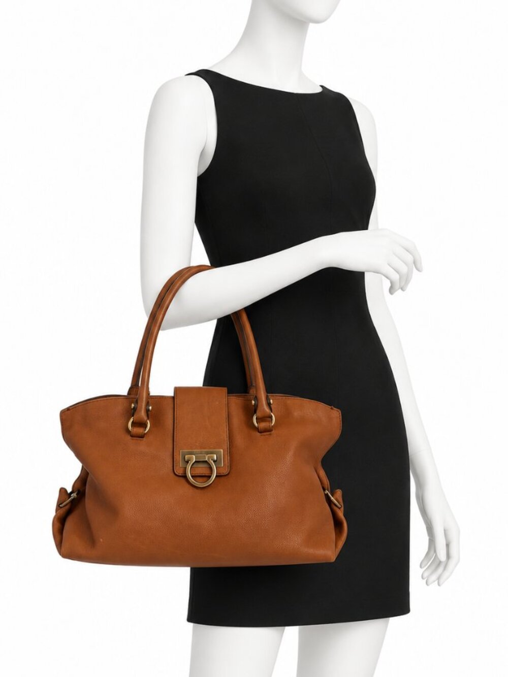 Salvatore Ferragamo Gancini Large Brown Leather Tote Shoulder Bag